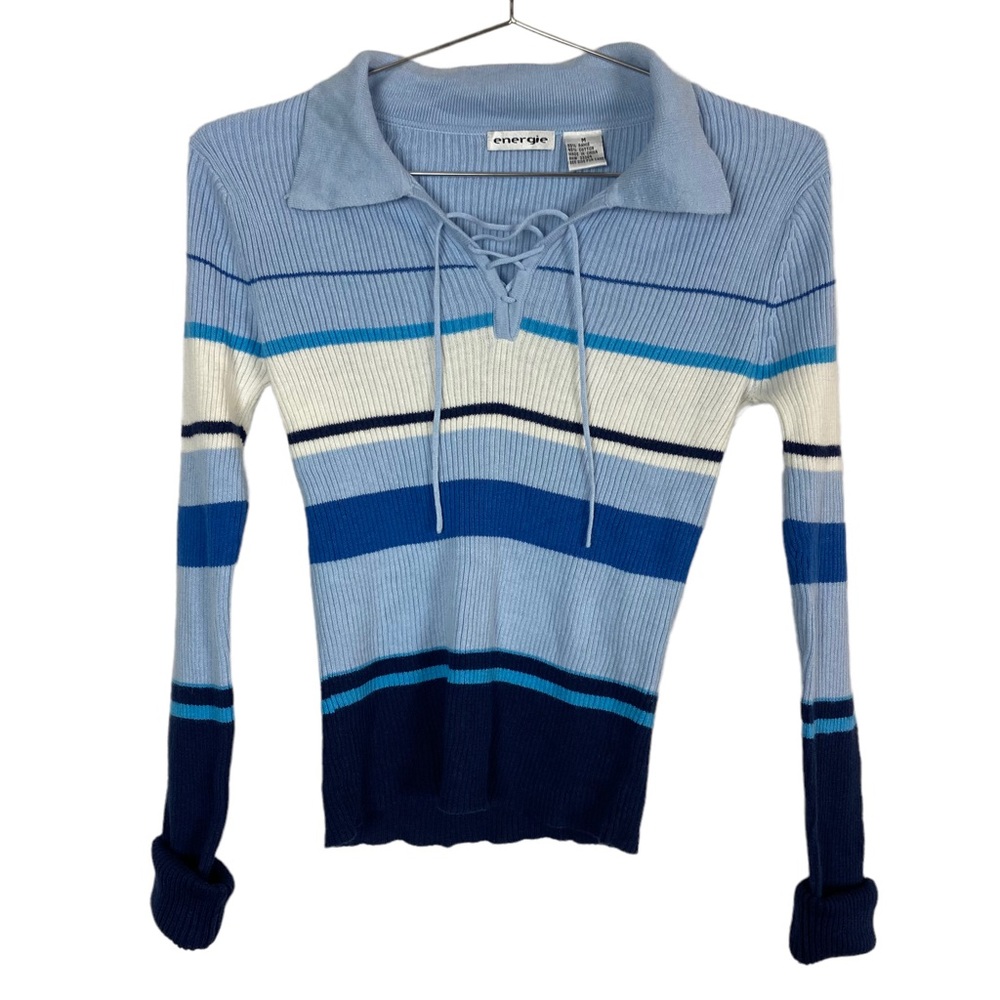 Vintage Energie Blue & White Striped Ribbed Long Sleeve Sweater
